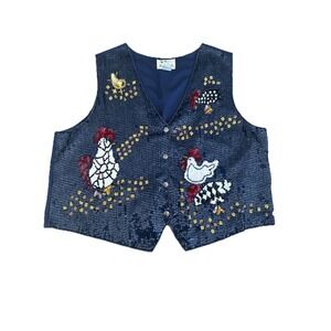 QUACKER FACTORY 1X Sequin Beaded Vest Animal Chicken Rooster Teacher Grandmacore